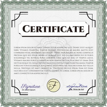 Green Awesome Certificate template. Money Pattern. Award. With great quality guilloche pattern. 