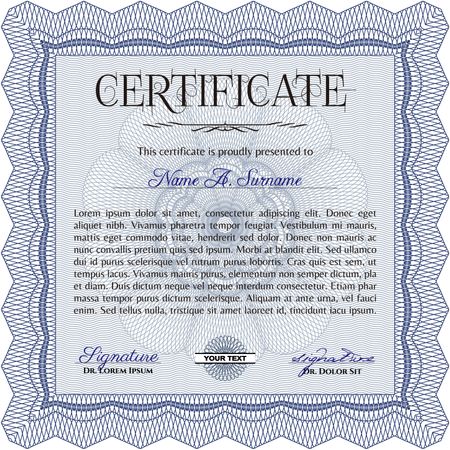 Sample Diploma. Elegant design. Frame certificate template Vector. With linear background. Blue color.