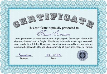 Diploma template. Excellent design. With background. Border, frame. Light blue color.