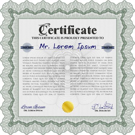 Diploma template. Excellent design. With background. Border, frame. Green color.
