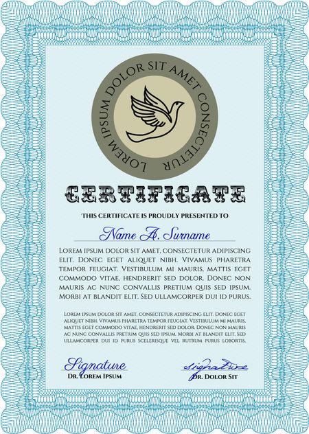Light blue Diploma or certificate template. With complex background. Vector illustration. Lovely design. 