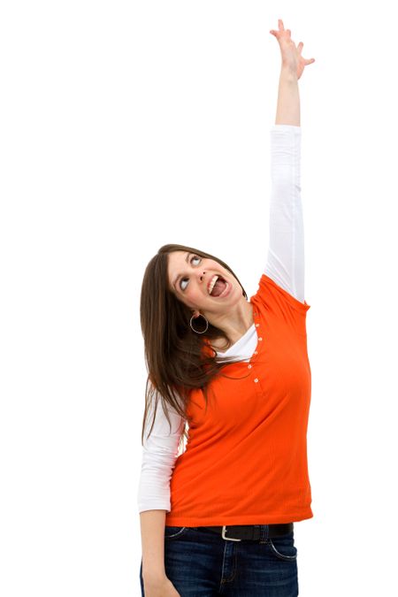 woman reaching for something imaginary isolated on white
