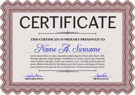 Sample certificate or diploma. With complex linear background. Elegant design. Vector certificate template. Red color.