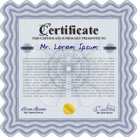 Sample Diploma. With linear background. Modern design. Frame certificate template Vector. Blue color.