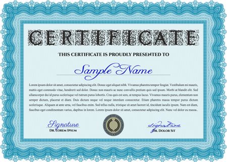 Awesome Certificate template. Award. With great quality guilloche pattern. Money Pattern. Light blue color.
