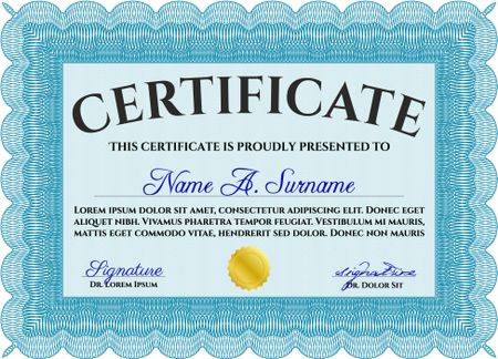 Certificate template. Customizable, Easy to edit and change colors. Nice design. Easy to print. Light blue color.