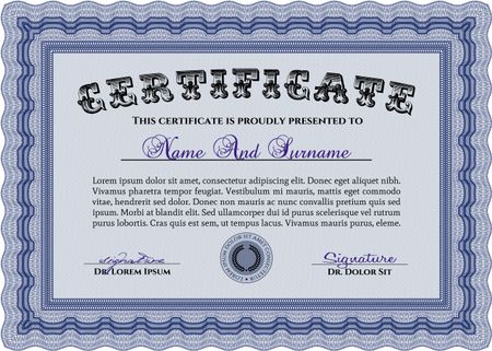 Blue Certificate or diploma template. Customizable, Easy to edit and change colors. Easy to print. Cordial design. 