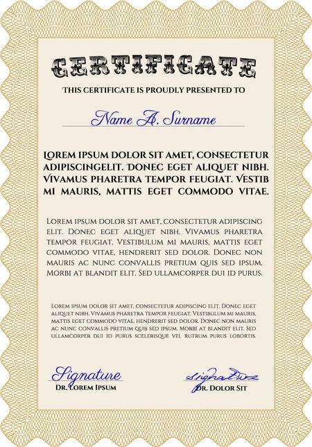 Awesome Certificate template. With great quality guilloche pattern. Award. Money Pattern. Orange color.