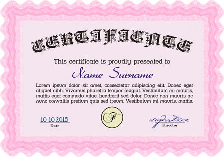 Classic Certificate or Diploma template. Money Pattern design. Pink color.