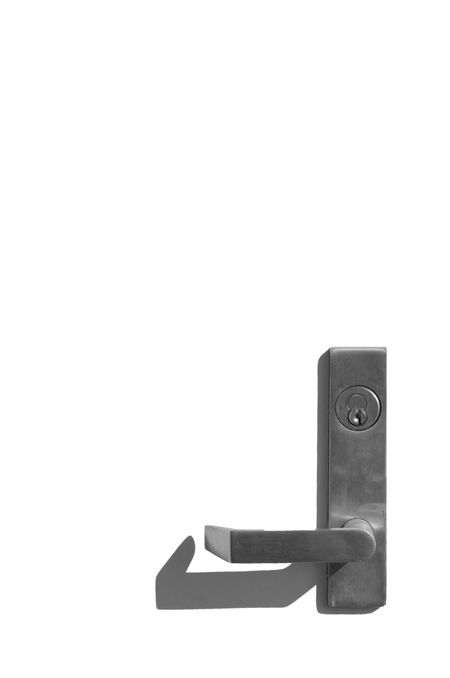 Metallic door handle with key lock and shadow, isolated on white