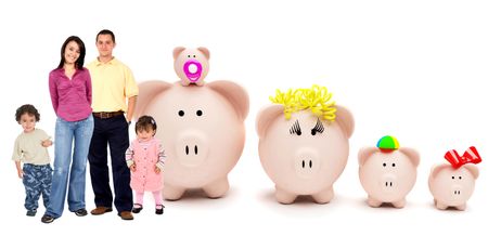 People with a piggybank family isolated over white