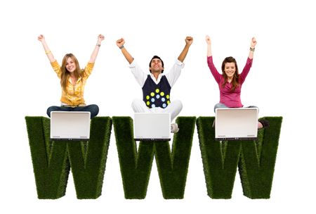 people online isolated sitting on a WWW sign