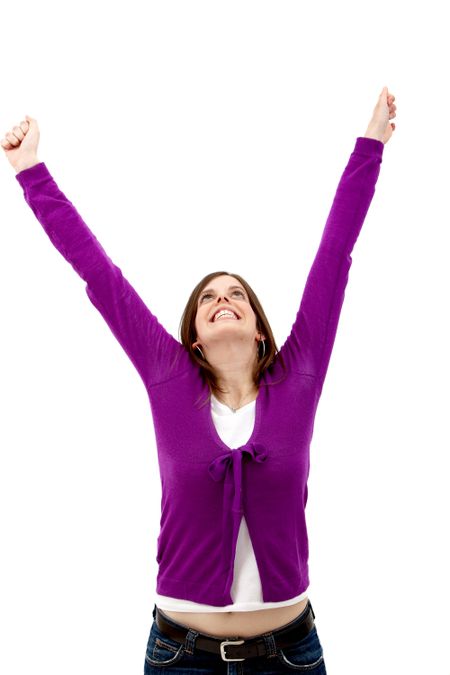 Happy young woman with arms up isolated
