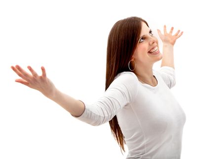 Happy woman portrait with arms outstretched isolated