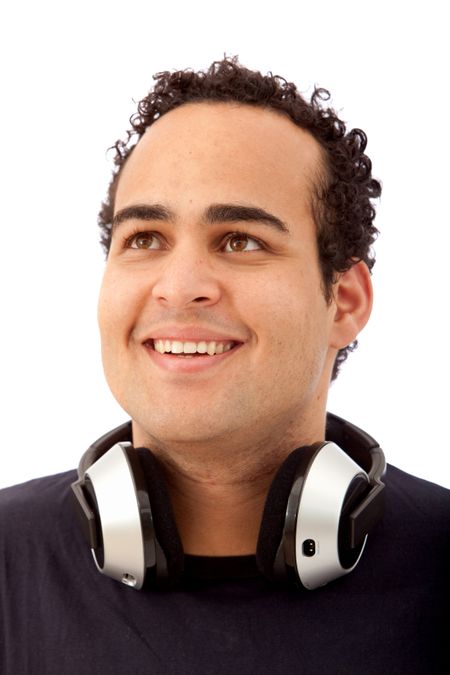Man portrait with headphones on his neck isolated