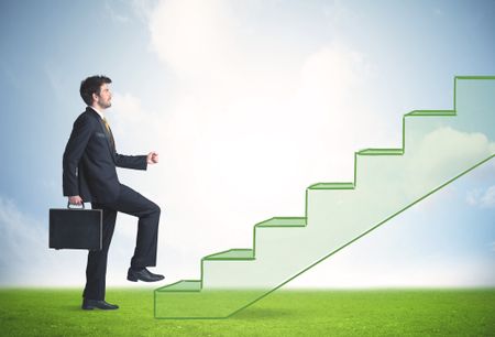 Business person stepping up a hand drawn staircase in the nature