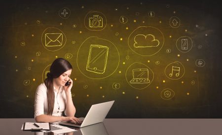 beautiful-young-businesswoman-kind-handdrawn-media-396540784 Beautiful young businesswoman with all kind of hand-drawn media icons in background