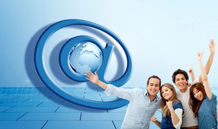 Group of people with an at sign over blue background