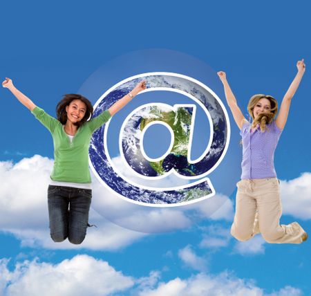 women-jumping-sign-sky-background-39908266 women jumping with an at sign and sky as background