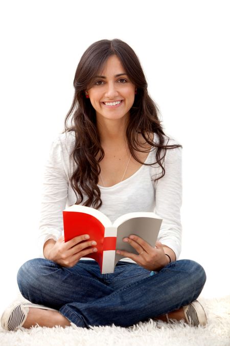 Woman reading a book isolated over white