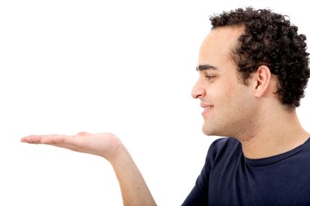 Man displaying something imaginary with his hand isolated