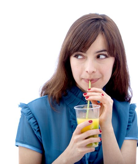 Woman portrait drinking through a straw isolated