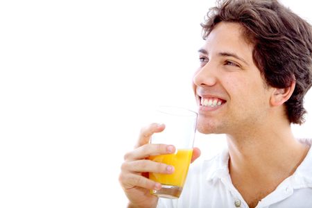 Man smiling and drinking orange juice isolated