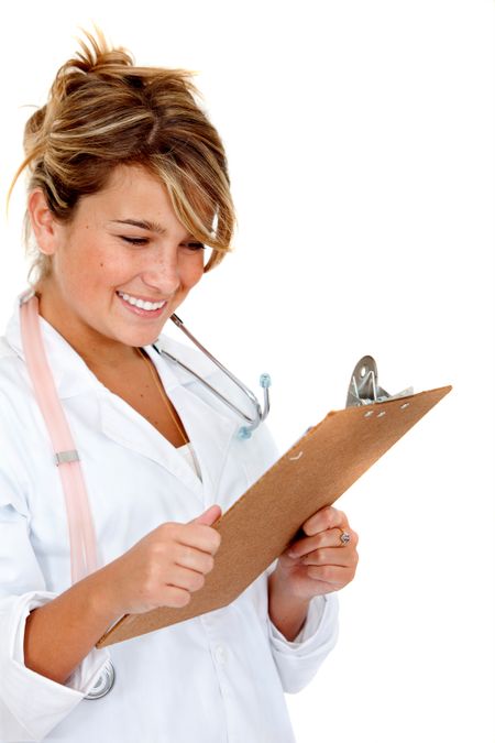 Female doctor looking at a medical history isolated