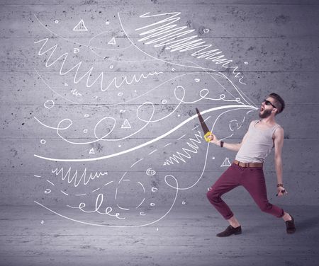 mad-hipster-guy-beard-shouting-drawn-399933487 A mad hipster guy with beard shouting drawn white lines, curves on concrete urban wall illustration background concept