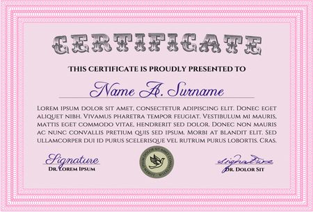 Pink Certificate template or diploma template. Complex background. Vector pattern that is used in currency and diplomas.Superior design. 