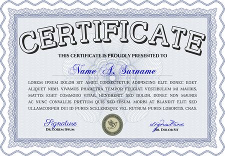 Blue Certificate template or diploma template. Complex background. Vector pattern that is used in currency and diplomas.Superior design. 