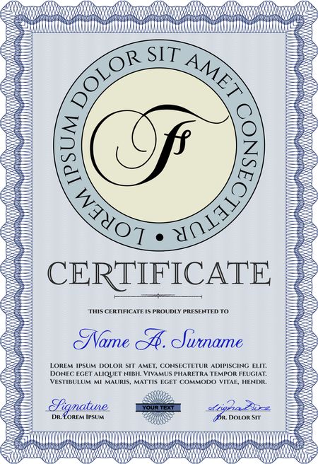 Blue Certificate template or diploma template. Complex background. Vector pattern that is used in currency and diplomas.Superior design. 
