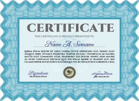 Light blue Certificate template or diploma template. Complex background. Vector pattern that is used in currency and diplomas.Superior design.