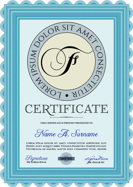 Light blue Certificate or diploma template. Cordial design. Easy to print. Customizable, Easy to edit and change colors. 