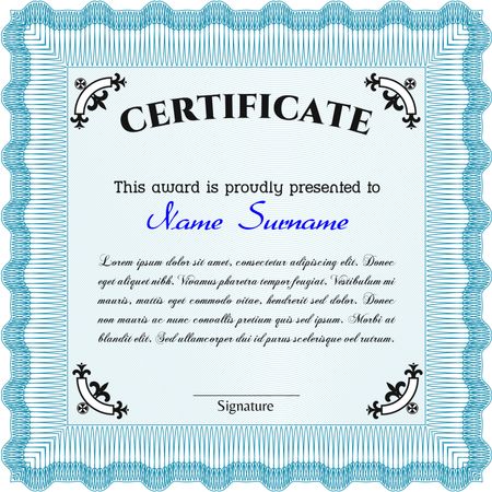 Light blue Certificate or diploma template. Cordial design. Easy to print. Customizable, Easy to edit and change colors. 