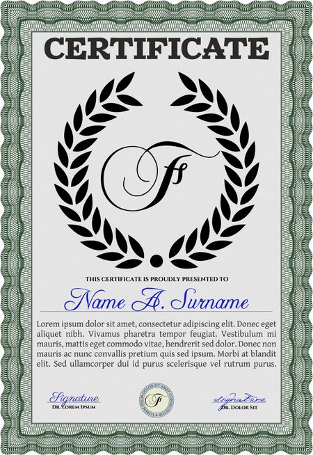 Green Diploma or certificate template. Lovely design. With complex background. Vector illustration. 