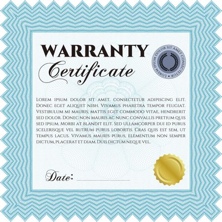 Sample Warranty certificate template. Elegant design. Vector illustration. With guilloche pattern. 