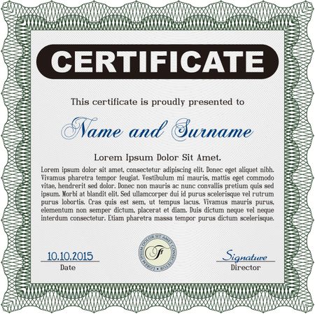 Green Certificate or diploma template. Customizable, Easy to edit and change colors. Cordial design. Easy to print.