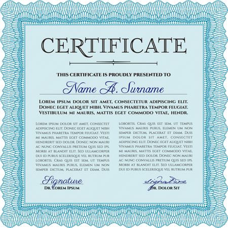 Light blue Certificate or diploma template. Customizable, Easy to edit and change colors. Cordial design. Easy to print.