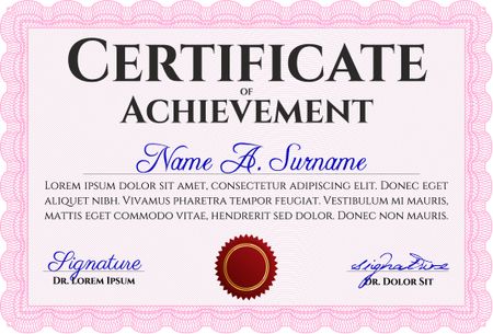 Pink Certificate or diploma template. Customizable, Easy to edit and change colors. Cordial design. Easy to print.