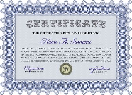 Blue Certificate template or diploma template. Vector pattern that is used in currency and diplomas.Complex background. Superior design. 