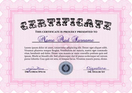 Pink Certificate template or diploma template. Vector pattern that is used in currency and diplomas.Complex background. Superior design. 