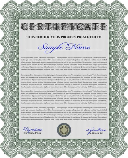 Green Certificate template or diploma template. Vector pattern that is used in currency and diplomas.Complex background. Superior design. 