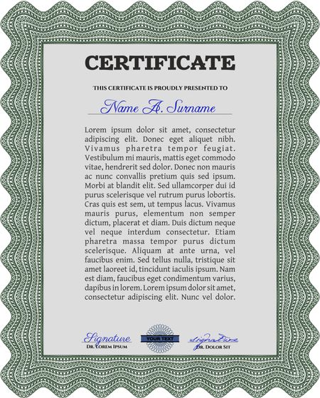 Diploma template. With background. Border, frame. Excellent design. Green color.
