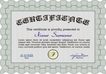 Diploma template. With background. Border, frame. Excellent design. Green color.