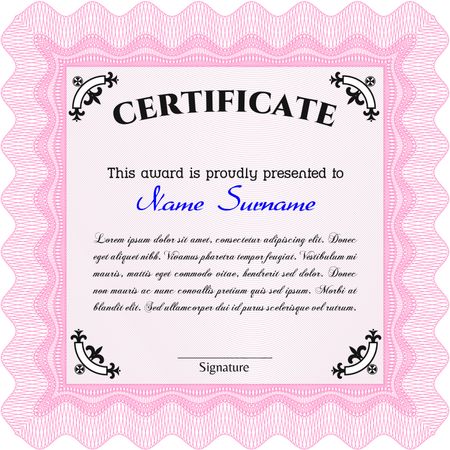 Diploma template. With background. Border, frame. Excellent design. Pink color.