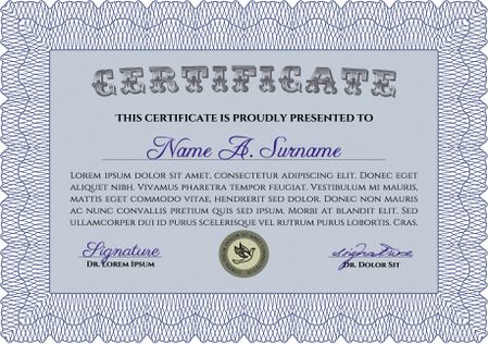 Diploma template. With background. Border, frame. Excellent design. Blue color.