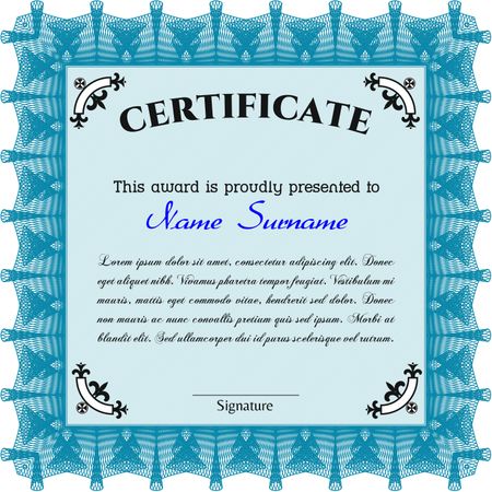 Certificate. Detailed. Printer friendly. Complex design. Light blue color.