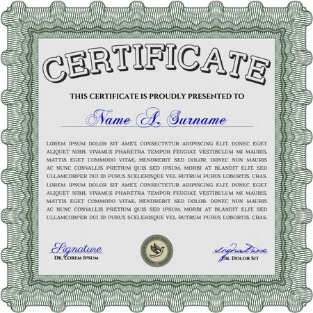 Certificate. Detailed. Printer friendly. Complex design. Green color.