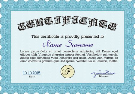 Certificate. Detailed. Printer friendly. Complex design. Light blue color.